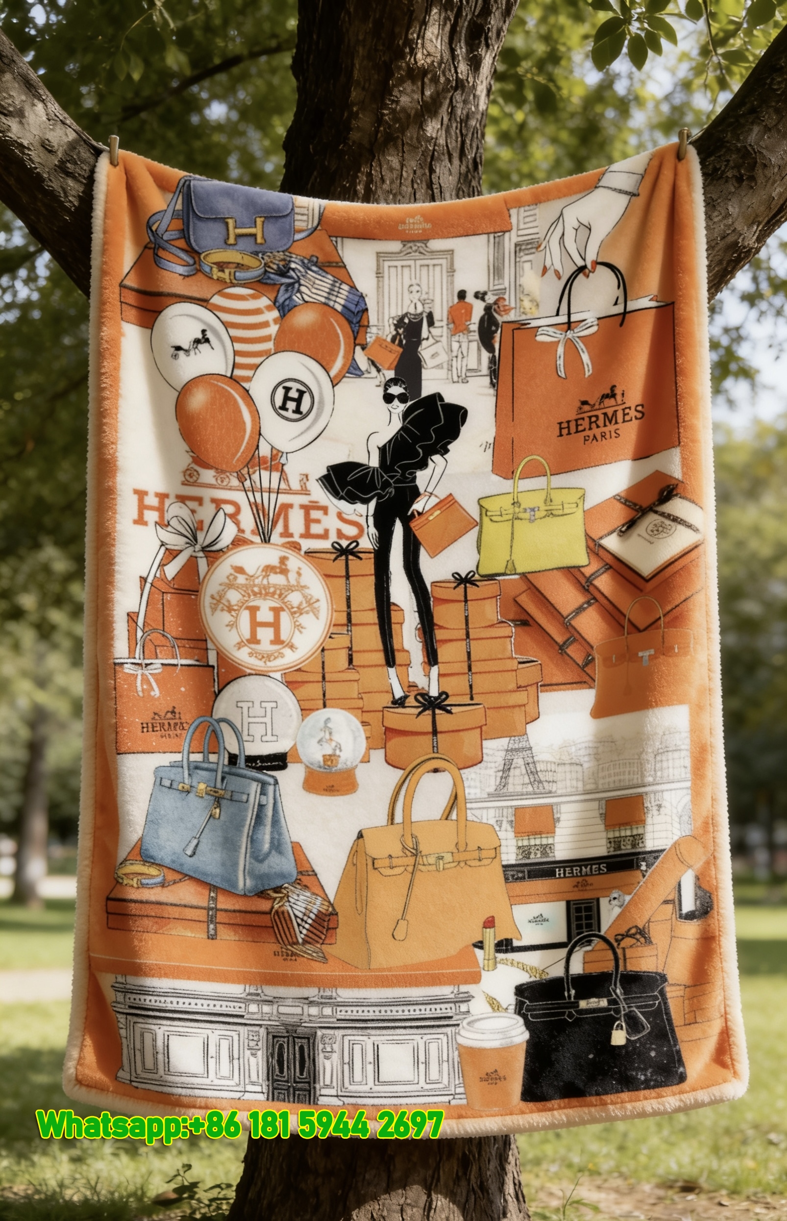 Luxury Hermès Fashion Illustration Collage Flannel Sofa Throw Blanket IMG_4917